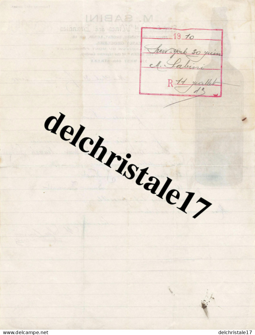 96 0126 ÉTATS-UNIS NEW-YORK 1910 Importer Wines Brandies M. SABINI Liqueur Du Mont FENOUILLET à M. NICOT - Verenigde Staten