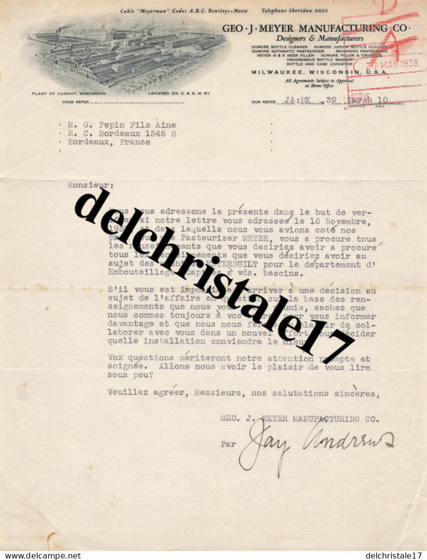 96 0121 ÉTATS-UNIS MILWAUKEE 1910 GEO J. MEYER MANUFACTURING Co Designers Manufacturers Appareil à Pasteuriser à PEPIN - Etats-Unis