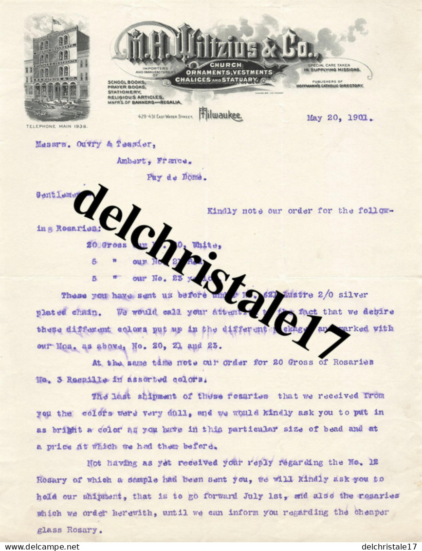 96 0120 ÉTATS-UNIS MILWAUKEE 1901 Church Ornament M. H. WILTZIUS & Co School Religious East Water Str. à OUVRY & TESSIER - Stati Uniti