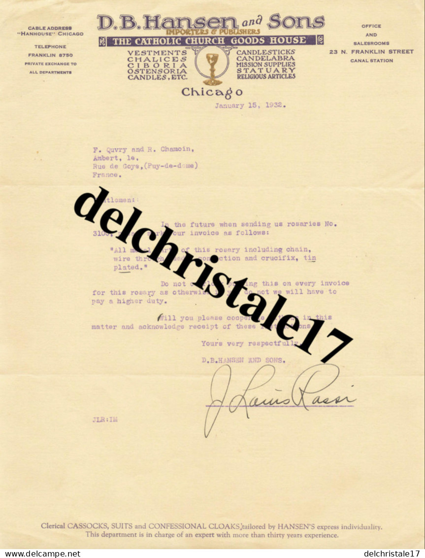 96 0118 ÉTATS-UNIS CHICAGO 1932 The Catholic Church Goods House D. B. HANSEN & Sons Signé L. RASSI Dest. OUVRY & CHAMOIN - Estados Unidos