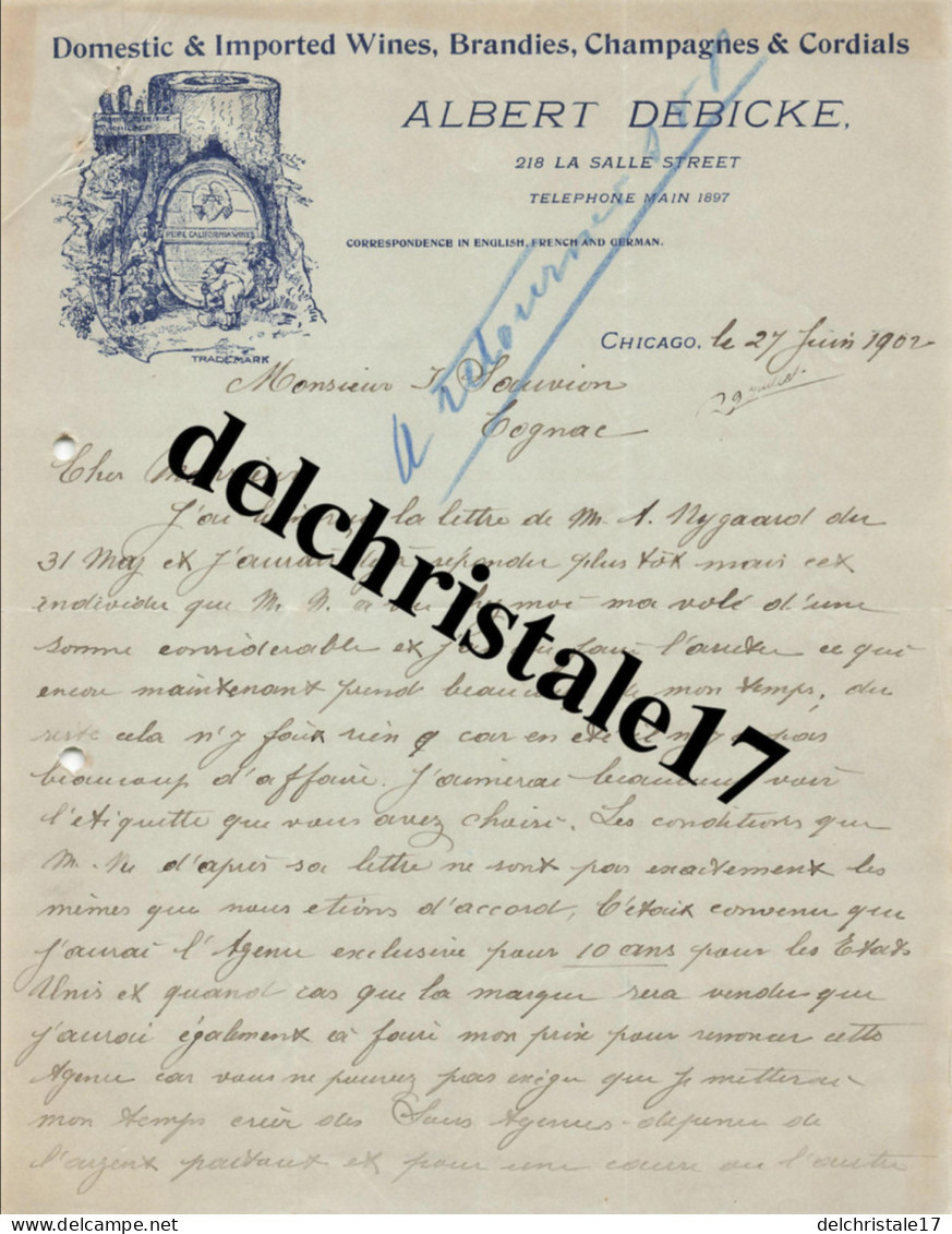 96 0115 ÉTATS-UNIS CHICAGO 1902 Vins Brandies Champagnes Albert BEBICKE 218 La Salle Street à M. SAUVION à COGNAC - Etats-Unis