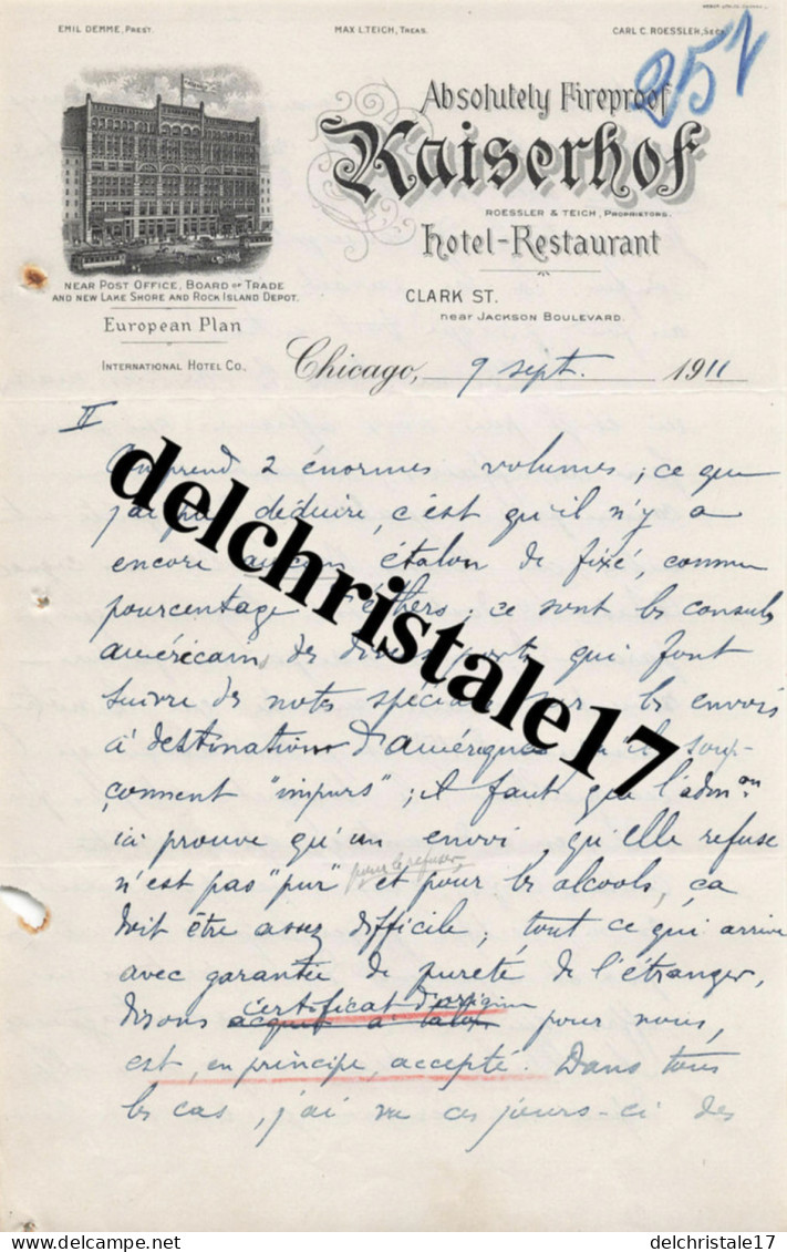 96 0116 ÉTATS-UNIS CHICAGO 1911 Hôtel-Restaurant MAISERHOF Propr. ROESSLER & TEICH Clark Street - Etats-Unis