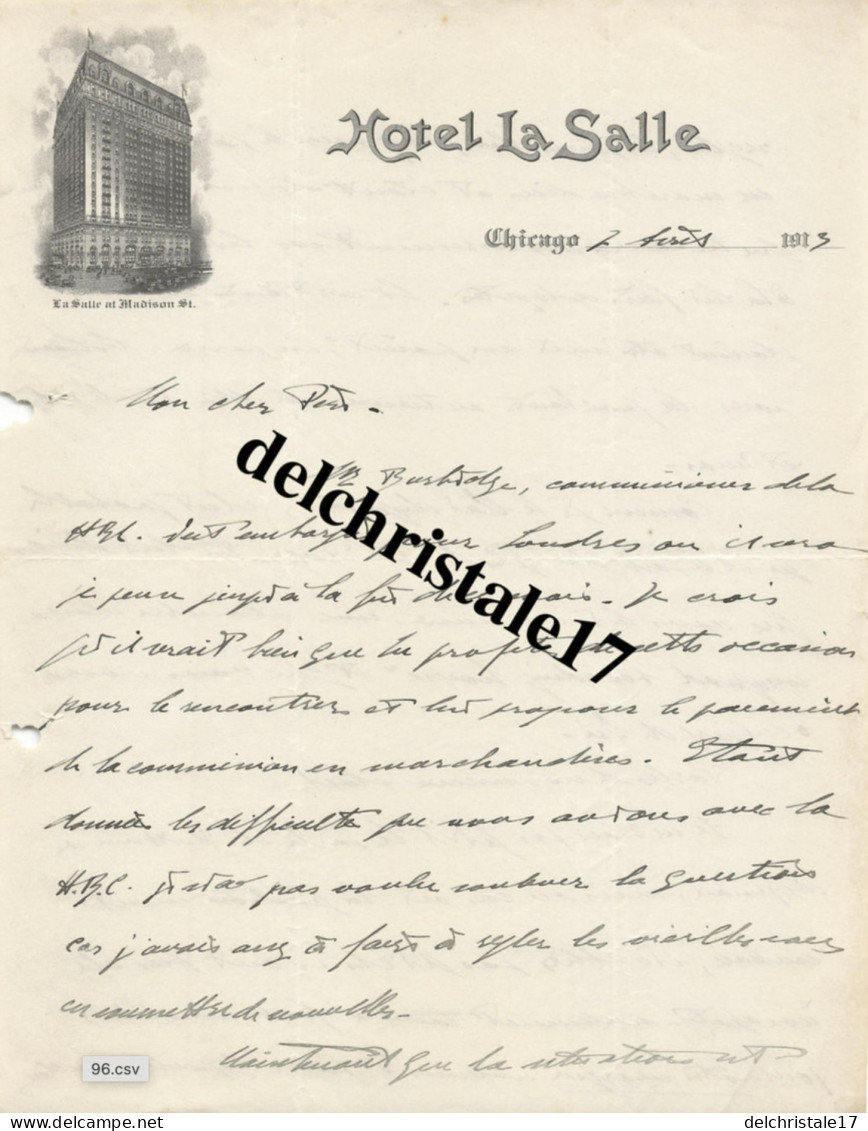 96 0117 ÉTATS-UNIS CHICAGO 1913 Hôtel LA SALLE At MADISON Street - Lettre D'un Fisl à Ason Père - Etats-Unis