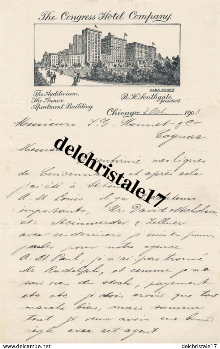 96 0112 ÉTATS-UNIS  CHICAGO 1903 The Congress Hotel Company President R.H. SOUTHGATE Dest. Mrs MONNET à COGNAC - Estados Unidos