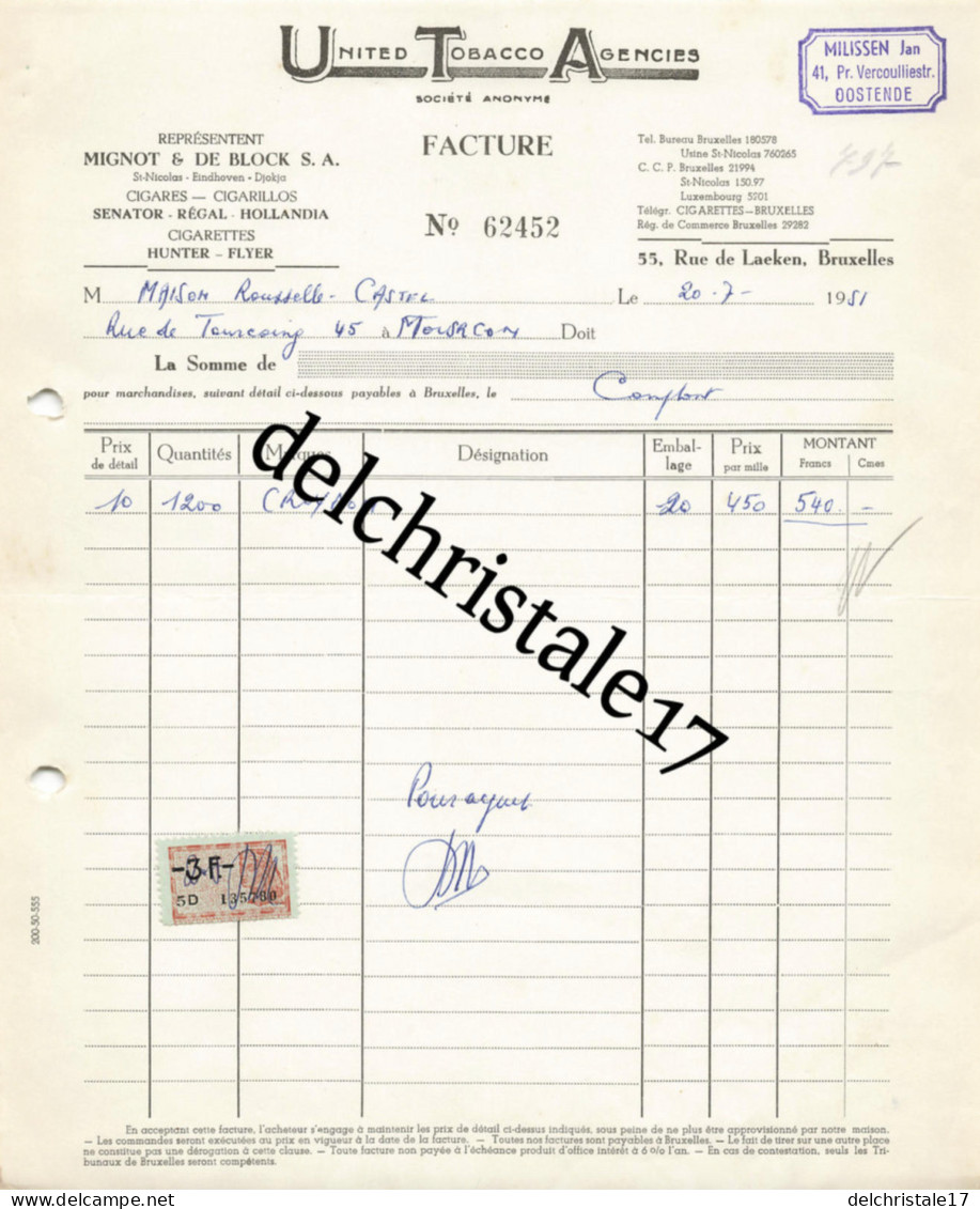 96 0083 BELGIQUE BRUXELLES 1951 United Tobacco Agencies MILISSEN Jan Représentant MIGNOT & DE BLOCK à M. CASTEL-PETIT - 1950 - ...