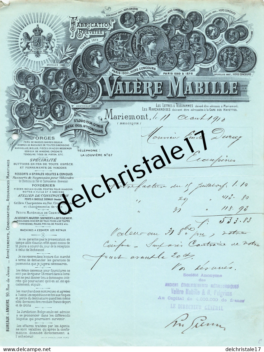 96 0623 MARIEMONT BELGIQUE 1910 Forges Fonderies Valère MABILLE Acieries MARTIN SIEMENS BESSEMER à DURAY - Petits Métiers