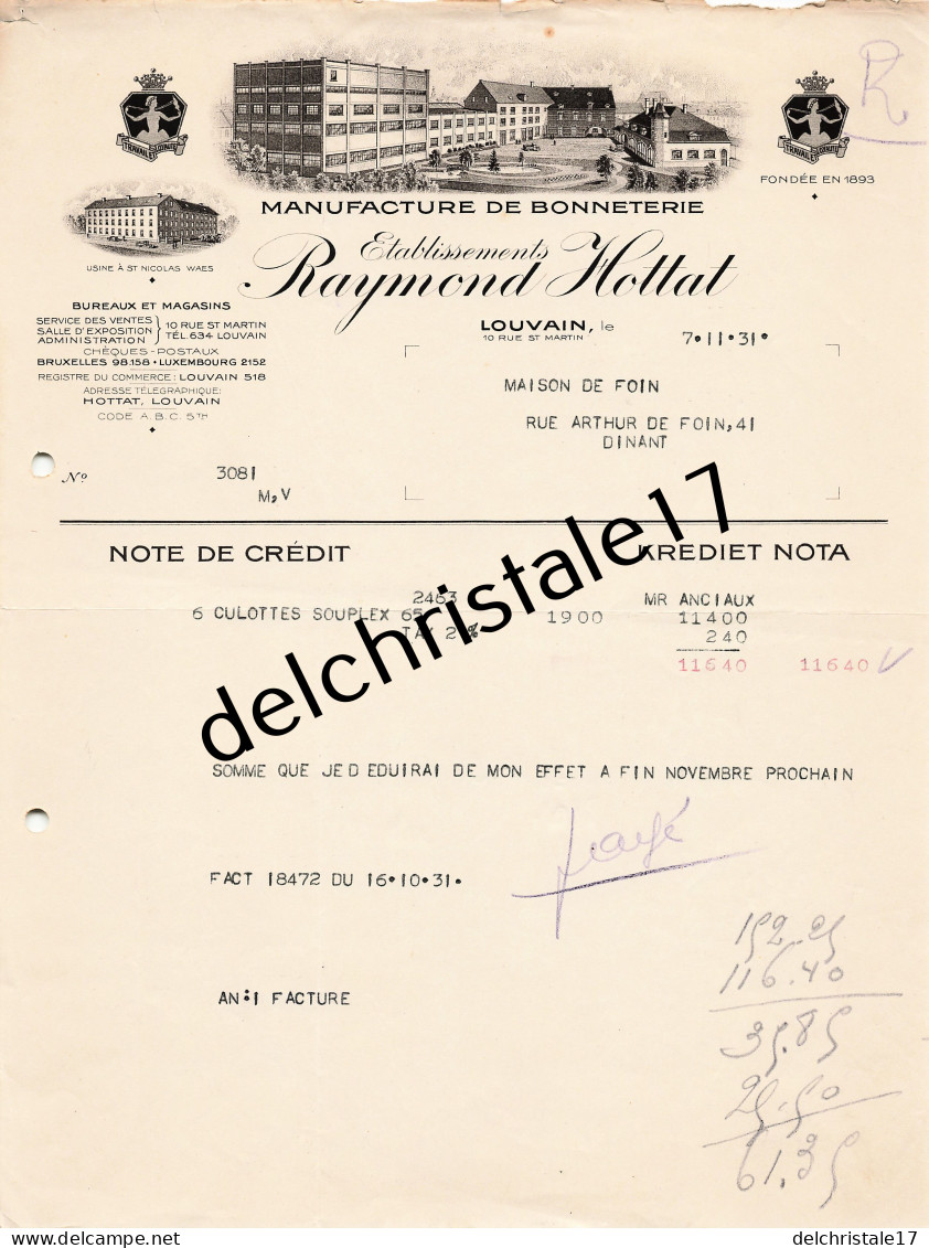 96 0622 LOUVAIN BELGIQUE 1931 Manufacture De Bonneterie Éts Raymond HOTTAT Rue St Martin à Maison DEFOIN - Kleidung & Textil