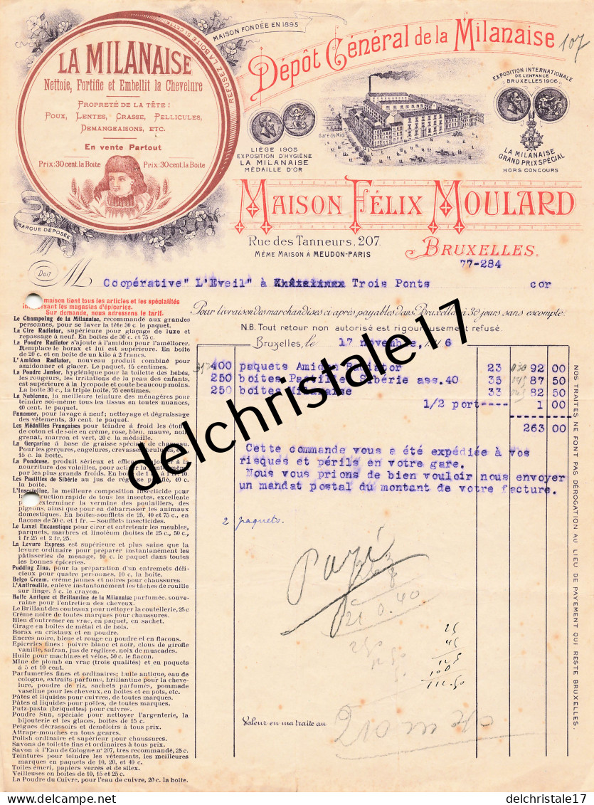 96 0600 BRUXELLES BELGIQUE 1916 Shampoing De La Milanaise Propreté De La Tête Maison Félix MOULARD Rue Des Tanneurs - Droguerie & Parfumerie