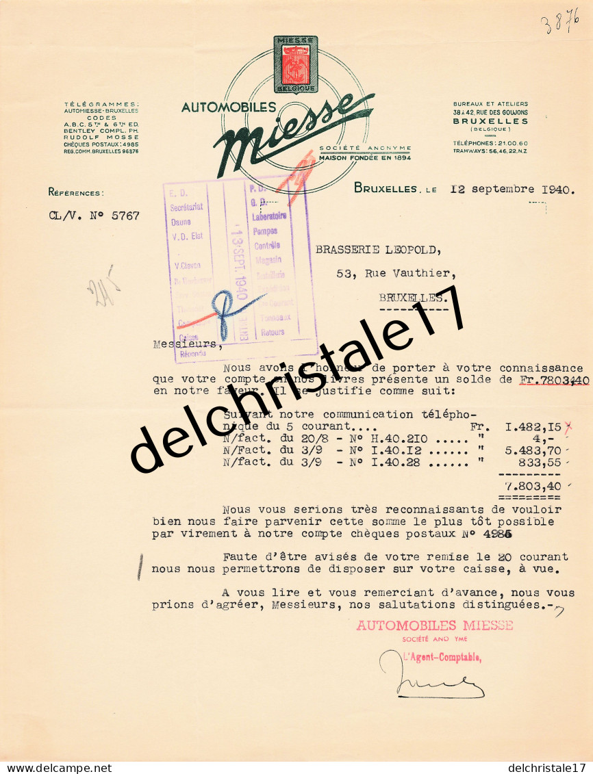 96 0599 BRUXELLES BELGIQUE 1940 Automobiles MIESSE Rue Des Goujons Dest Brasserie LEOPOLD - Cars