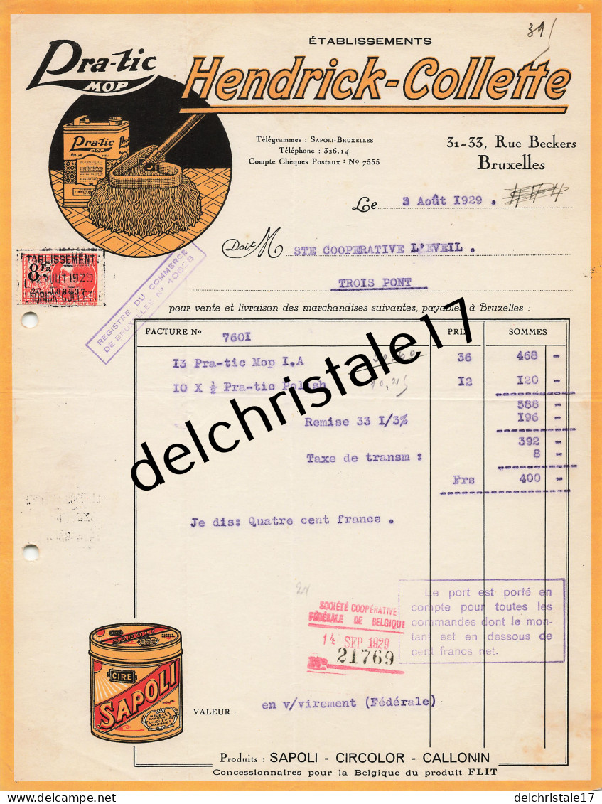 96 0594 BRUXELLES BELGIQUE 1929 Polish PRA-TIC Cires SAPOLI Des Éts HENDRICK COLLETTE Rue Beckers à Sté L'ÉVEIL - Drogerie & Parfümerie