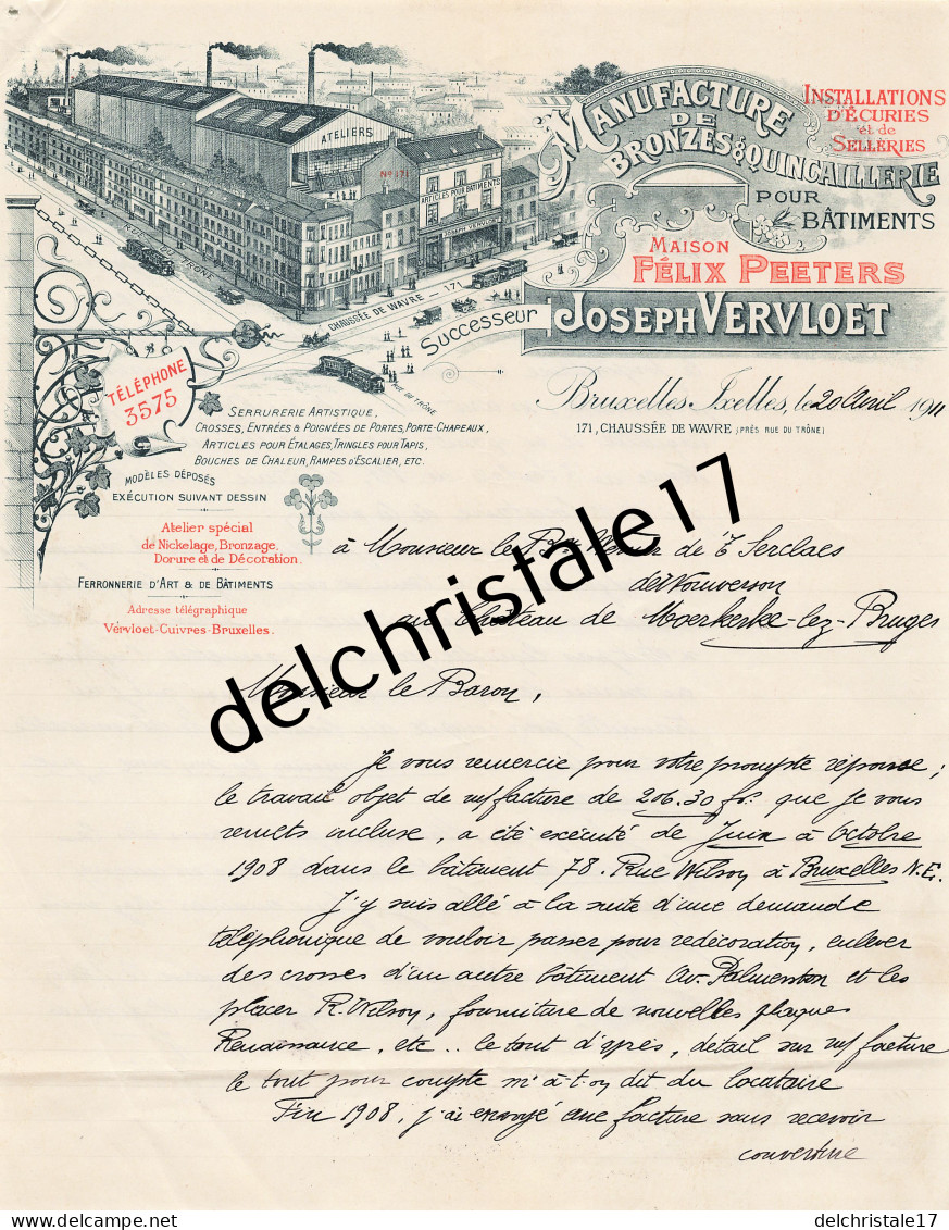 96 0609 BRUXELLES BELGIQUE 1911 Manufacture Bronzes Quincaillerie Joseph VERVLOET Succ PEETERS Selleries à Baron WERNER - Straßenhandel Und Kleingewerbe