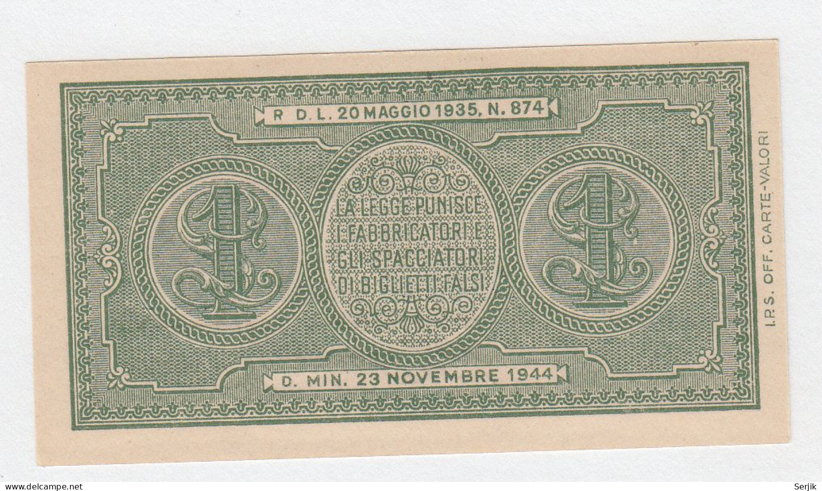 Italy 1 Lire 1944 UNC NEUF Pick 29a  29 A - Italië – 1 Lira