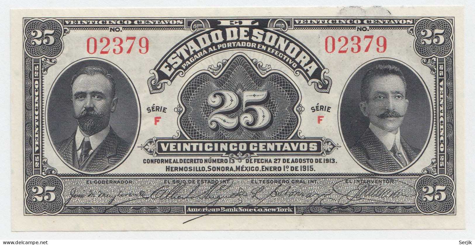 Mexico 25 Centavos 1915 UNC NEUF Estado De Sonora - Mexique