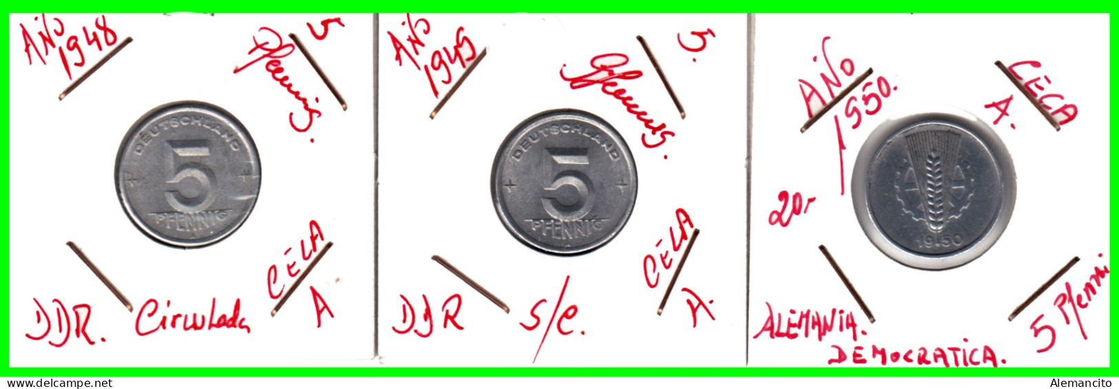 REPUBLICA DEMOCRATICA DE ALEMANIA ( DDR ) 3 MONEDAS DE 5 PFENNING AÑO 1948 - 1949 - 1950 -  CECA - A - 5 Pfennig