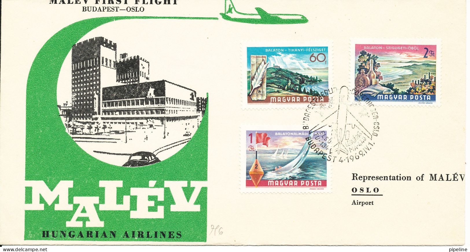 Hungary Cover First Flight Malev Hungarian Airlines  Budapest - Oslo 1-6-1969 With Cachet - Covers & Documents