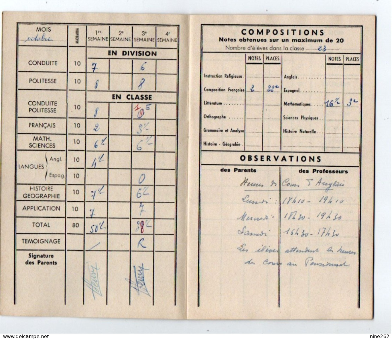 RHONE..LYON..PENSIONNAT ST LOUIS...LIVRET SCOLAIRE 1960...TRES BON ETAT - Diplômes & Bulletins Scolaires