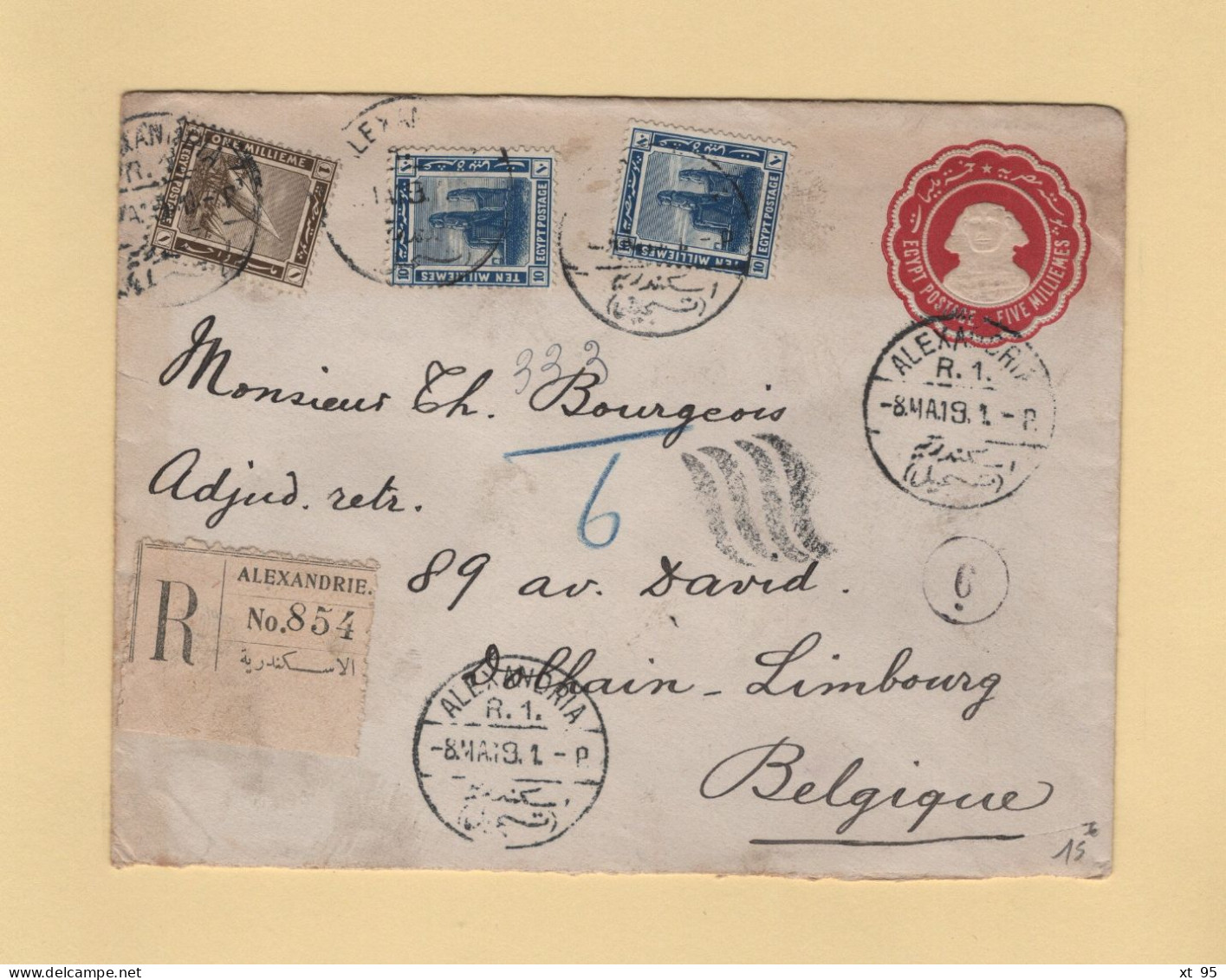 Egypte - Alexandrie - Recommande Destination Belgique - 1919 - Entier Postal Avec Complement - 1915-1921 Protettorato Britannico