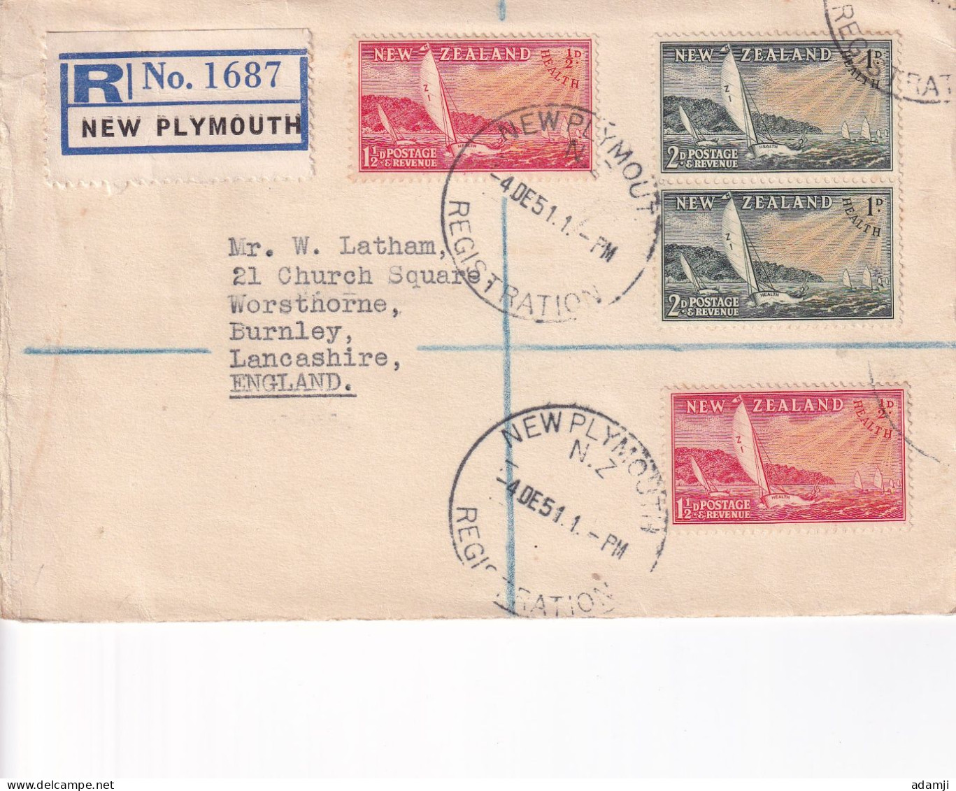 NEW ZEALAND 1951 HEALTH SET REGD SET FDC COVER TO ENGLAND. - Covers & Documents