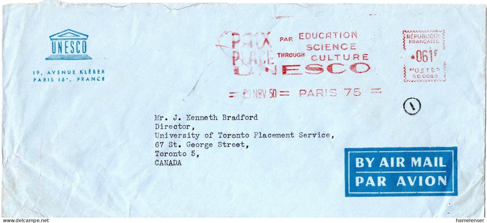 L70808 - Frankreich - 1950 - 61F Abs-Freistpl Der UNESCO A LpBf PARIS -> Toronto, ON (Canada) - UNESCO