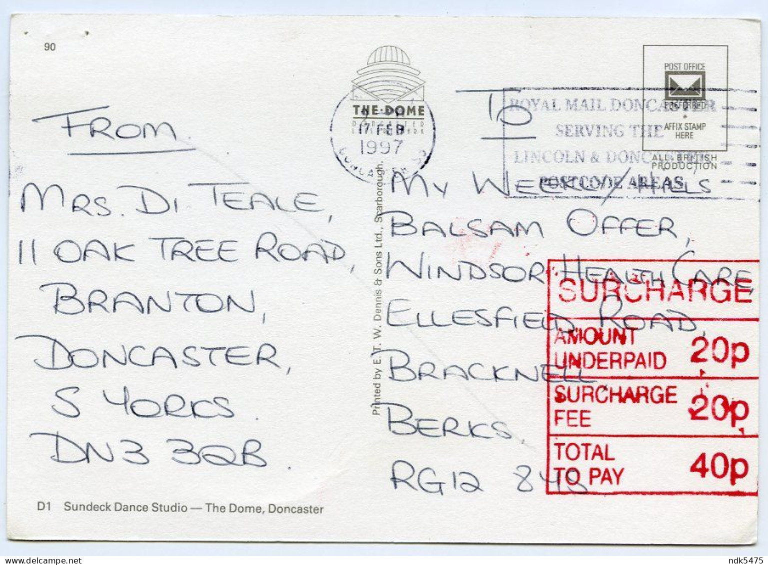 SUNDECK DANCE STUDIO, THE DOME, DONCASTER - SURCHARGE FEE, UNDERPAID, 1997 / BRACKNELL (10 X 15cms Approx.) - Taxe