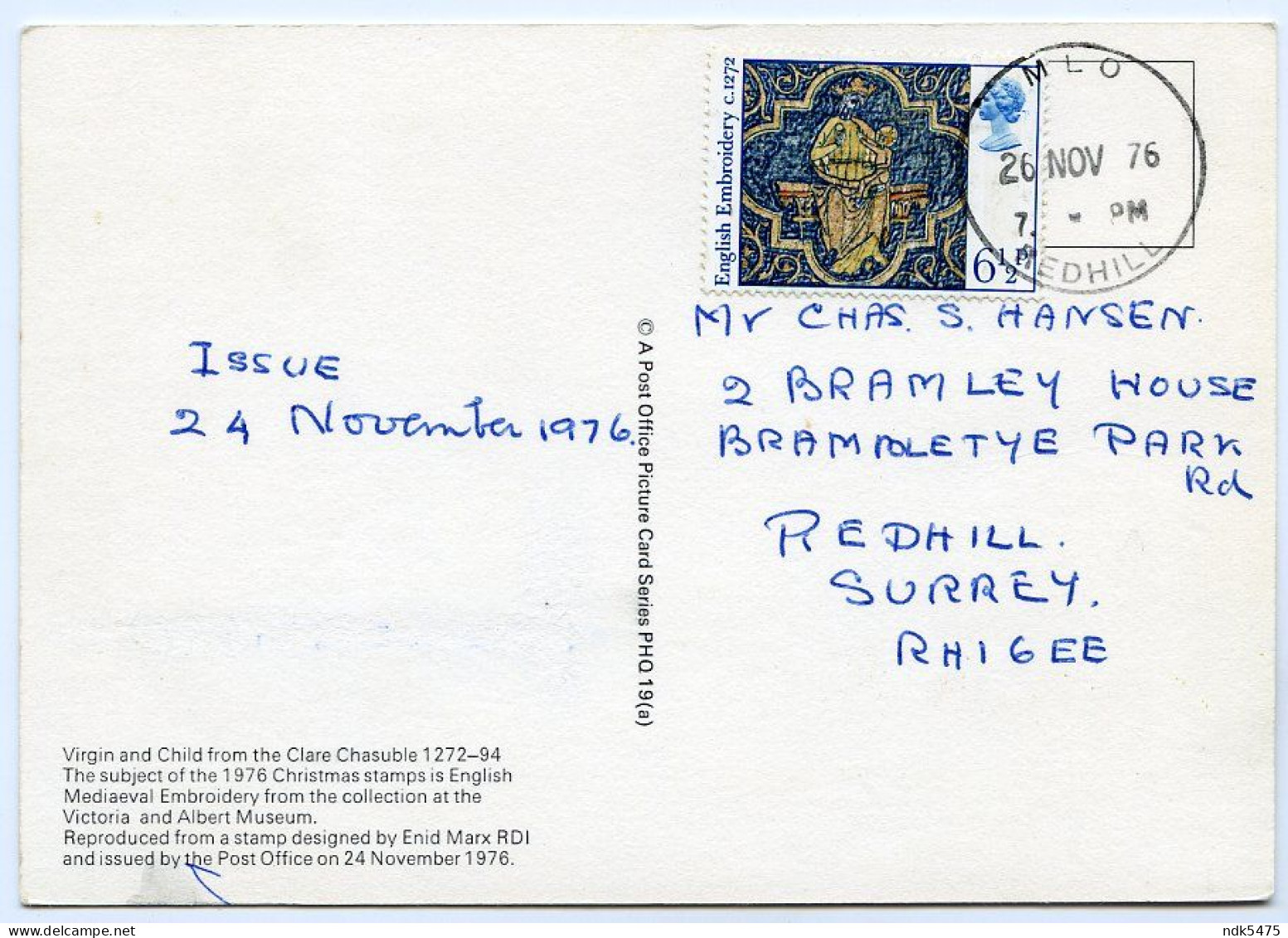 POSTMARK : MLO REDHILL, 1976 / VICTORIA AND ALBERT MUSEUM PHQ - VIRGIN AND CHILD  (10 X 15cms Approx.) - PHQ Cards