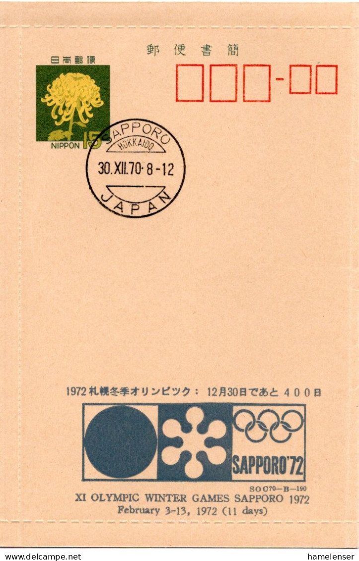 59855 - Japan - 1970 - ¥15 GAKartenBf M Priv Zudruck "Winterolympiade '72" & Stpl SAPPORO - Inverno1972: Sapporo