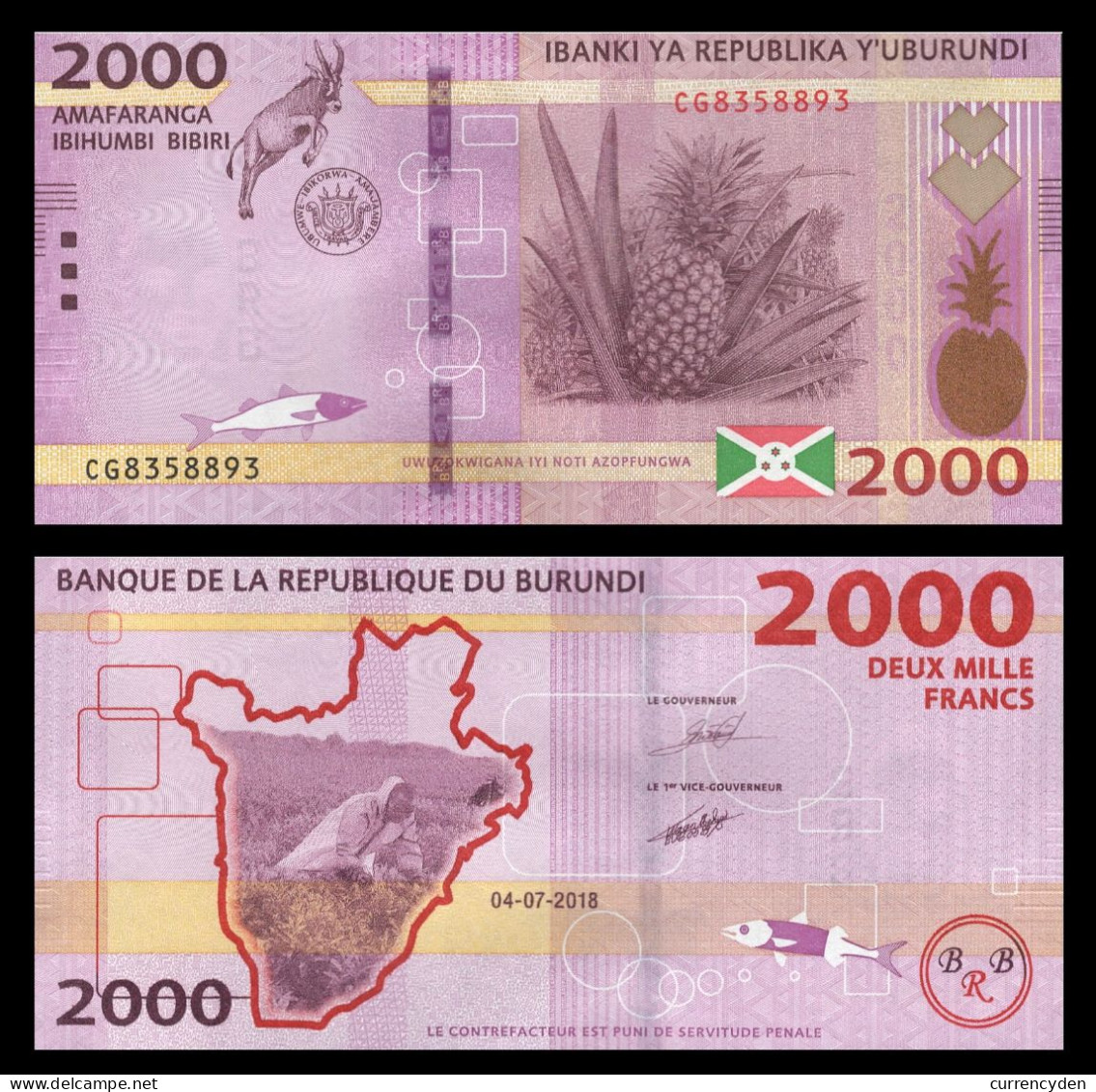 Burundi P52b, 2000 Francs, Antelope, Pineapple / Farmers, See Security Features - Burundi