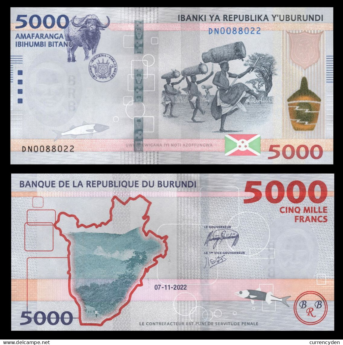 Burundi P-NEW, 5000 Francs, Cape Buffalo, Dancers, See Security Features 2022 - Burundi