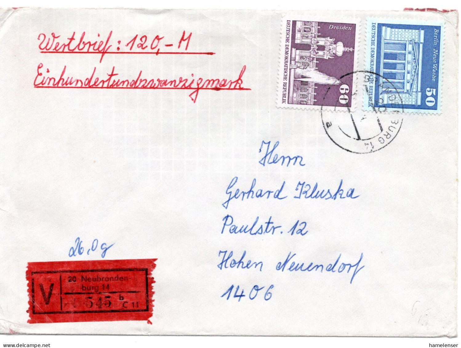 60112 - DDR - 1978 - 60Pfg Gr.Bauten MiF A W-Bf (120 M / 26g) NEUBRANDENBURG -> Hohen Neuendorf - Briefe U. Dokumente