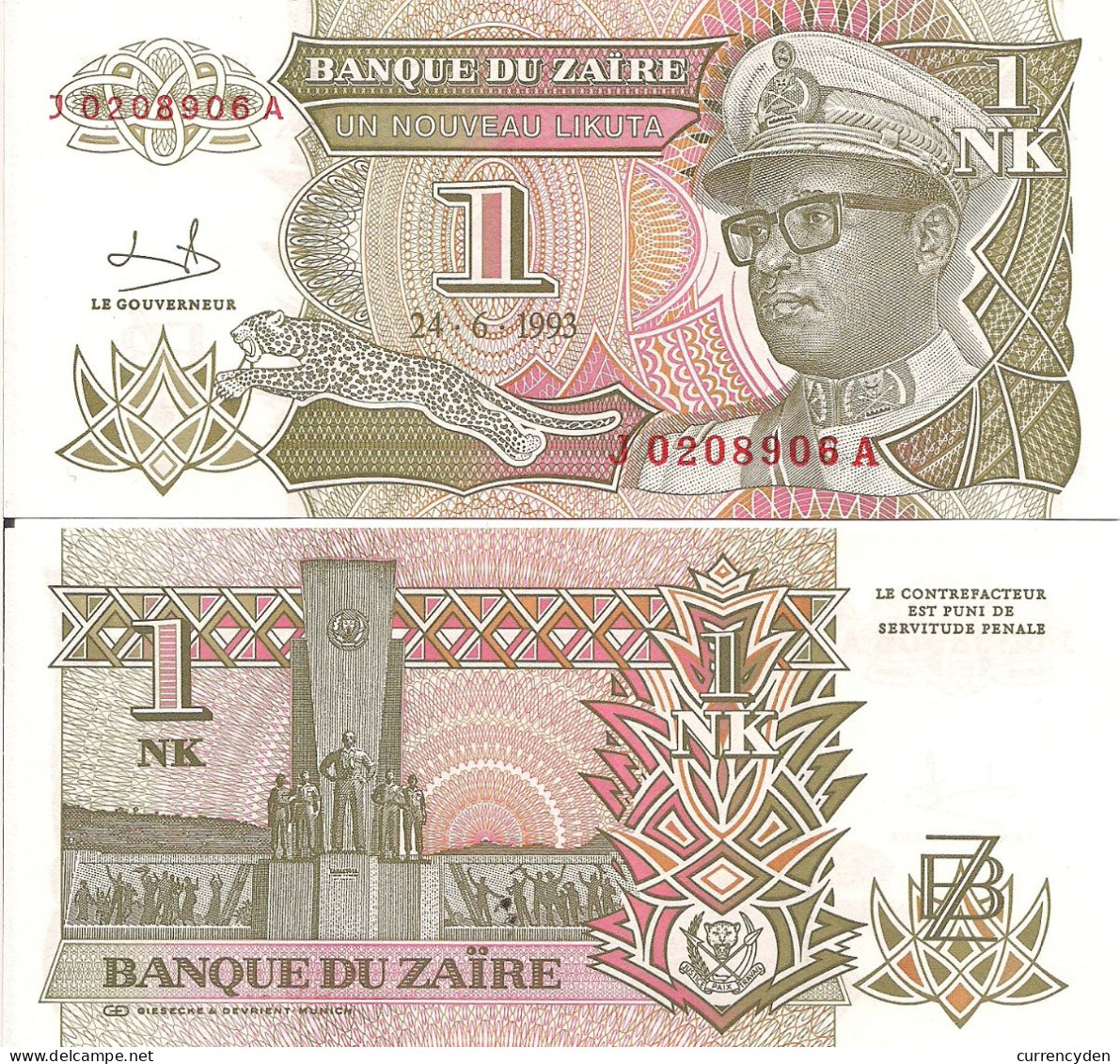 Zaire P47, 1 N Likuta, Mobutu In Uniform / Monument Of The Kamanyola, 1993 UNC - Zaïre