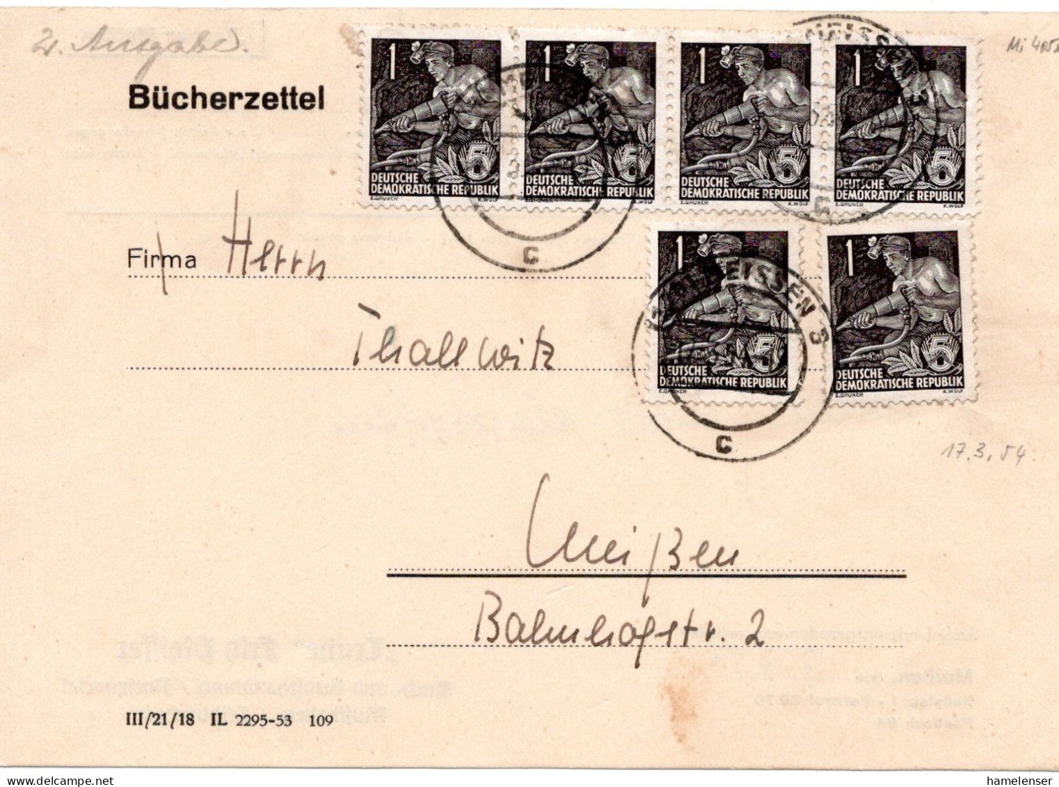 60120 - DDR - 1954 - 6@1Pfg Fuenfjahrplan A OrtsBuecherzettel MEISSEN - Sonstige & Ohne Zuordnung