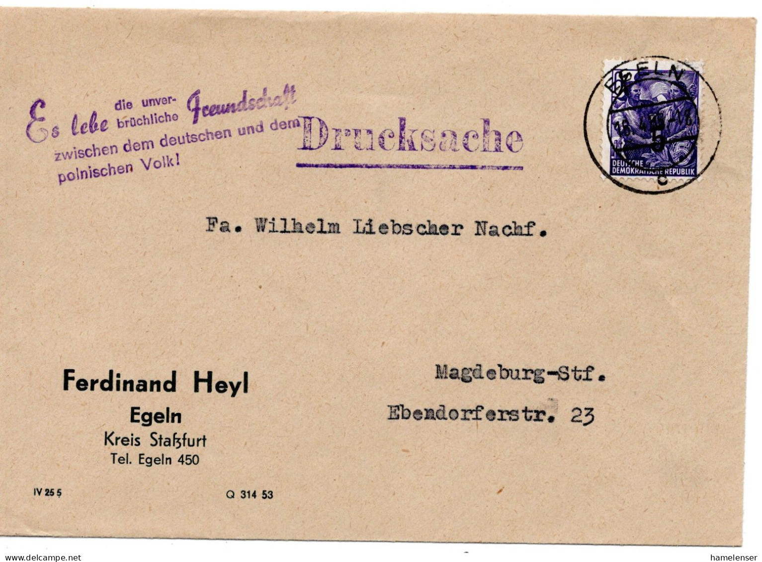 60121 - DDR - 1955 - 5/6Pfg Fuenfjahrplan EF A DrucksBf EGELN -> Magdeburg, M Propaganda-Stpl - Lettres & Documents