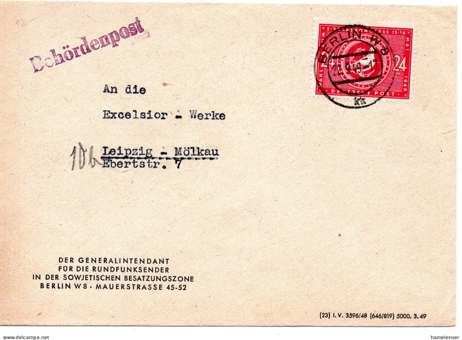 60125 - SBZ - 1949 - 24Pfg Volkskongress EF A Bf BERLIN -> Leipzig, Abs: Generalintendant F D Rundfunk I D SBZ - Covers & Documents