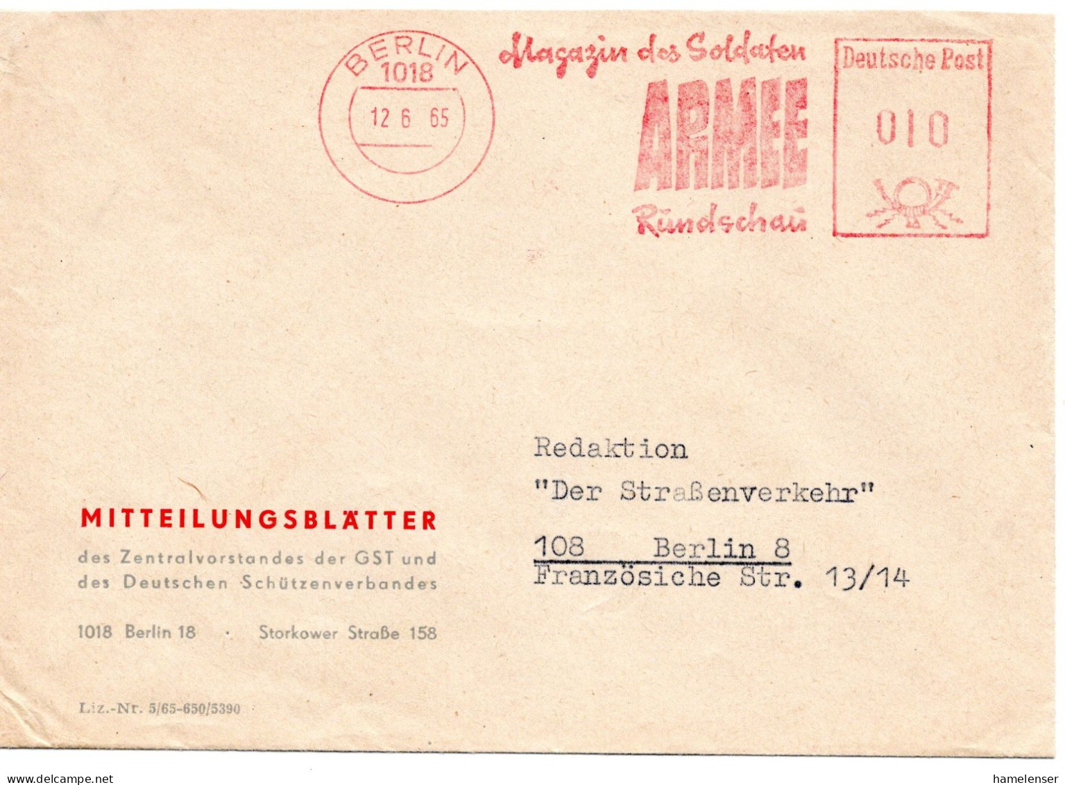 60131 - DDR - 1965 - 10Pfg AbsFreistpl A OrtsBf BERLIN - MAGAZIN DES SOLDATEN ARMEE RUNDSCHAU - Lettres & Documents