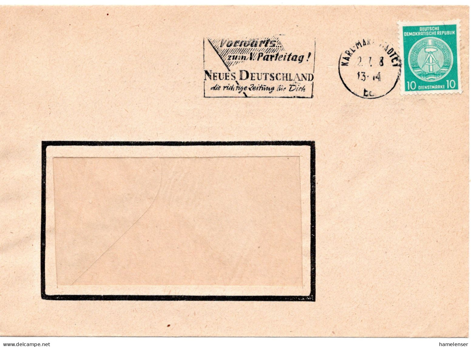 60133 - DDR - 1958 - 10Pfg Zirkel Re EF A OrtsFensterBf KARL-MURX-STADT - ... V PARTEITAG NEUES DEUTSCHLAND ... - Briefe U. Dokumente