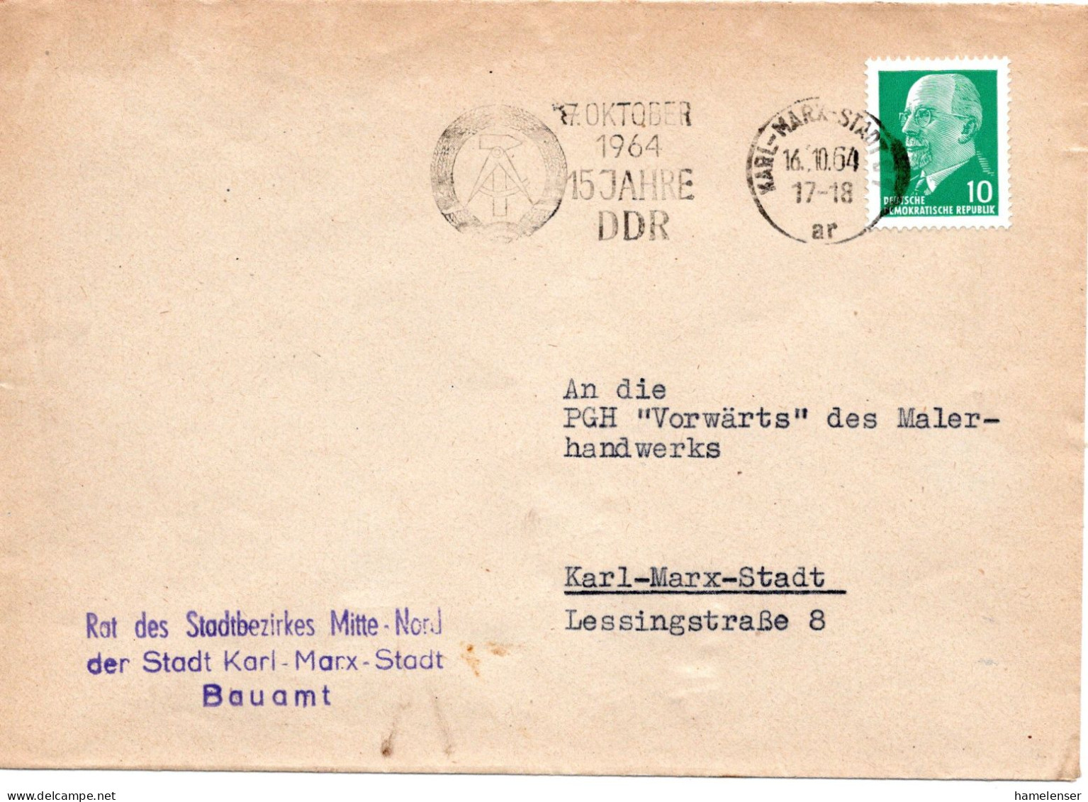 60134 - DDR - 1964 - 10Pfg Ulbricht EF A OrtsBf KARL-MARX-STADT - 7.OKTOBER 1964 15 JAHRE DDR - Lettres & Documents