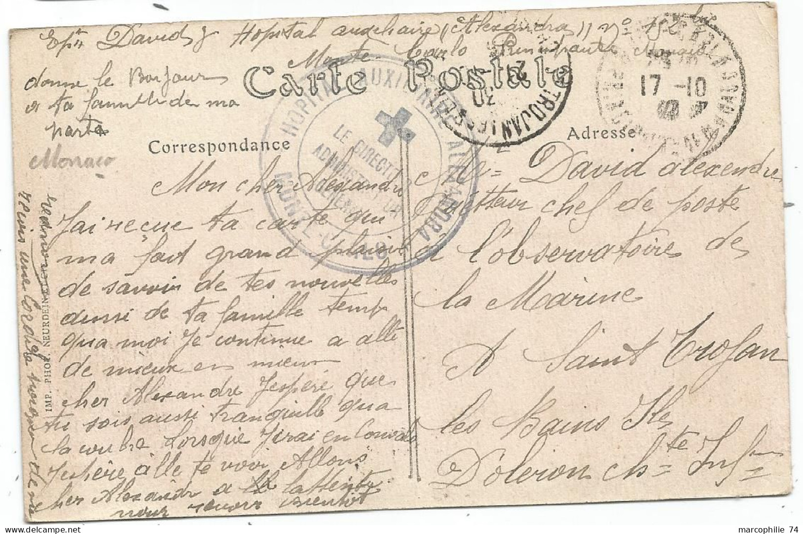 MONACO CARTE EN FM MONTE CARLO 1917 + HOPITAL AUXILIAIRE ALEXANDRA LE DIRECTEUR RARE - Lettres & Documents