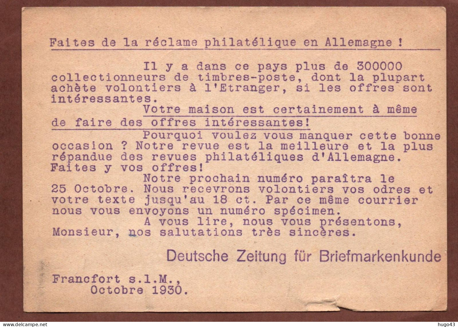 (RECTO / VERSO) CARTE AVEC AFFRANCHISSEMENT MECANIQUE EN 1930 - FRANKFURT - Machines à Affranchir