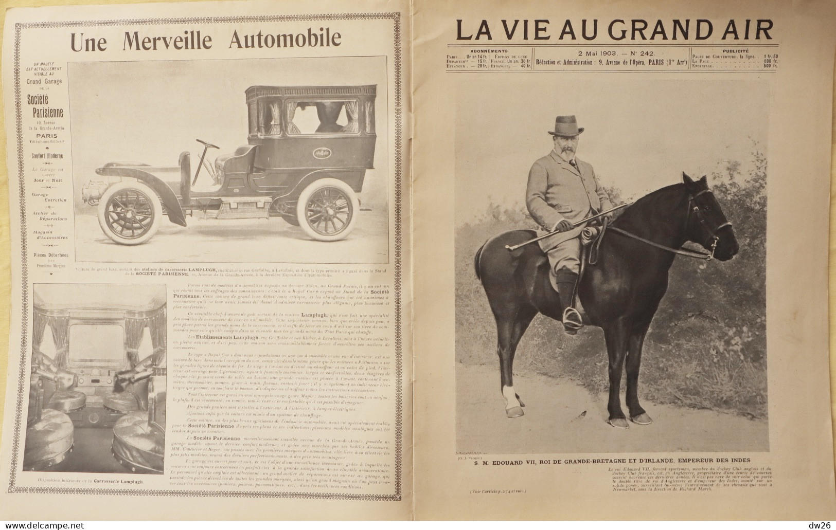 Journal: La Vie Au Grand Air, 2 Mai 1903 (N° 242) Le Roi Edouard VII, Sportsman - Lutte, Boxe, Cyclisme, Voile - Sonstige & Ohne Zuordnung