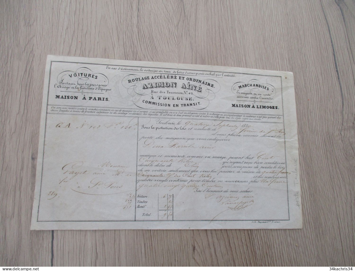 Roulage Lettre De Voiture Azimont Toulouse 1840 Anis Pour Payet à Saint Denis - Transports