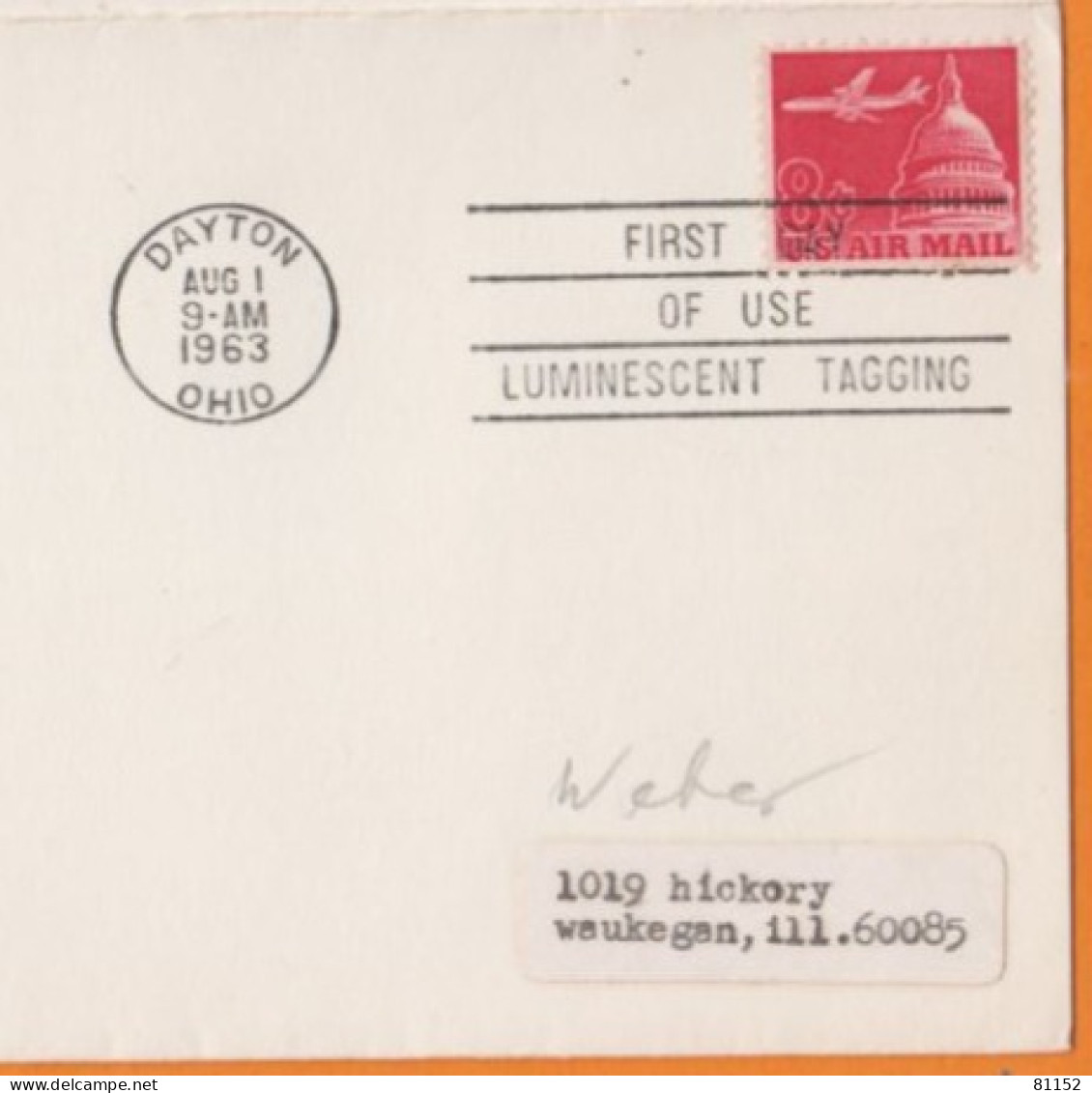 US AIR MAIL 8c   " FIRST DAY OF USE LUMINESCENT TAGGING "  Avec Cachet DAYTON   Le 1 Aug 1963  Sur Page De Classeur - 1961-1970