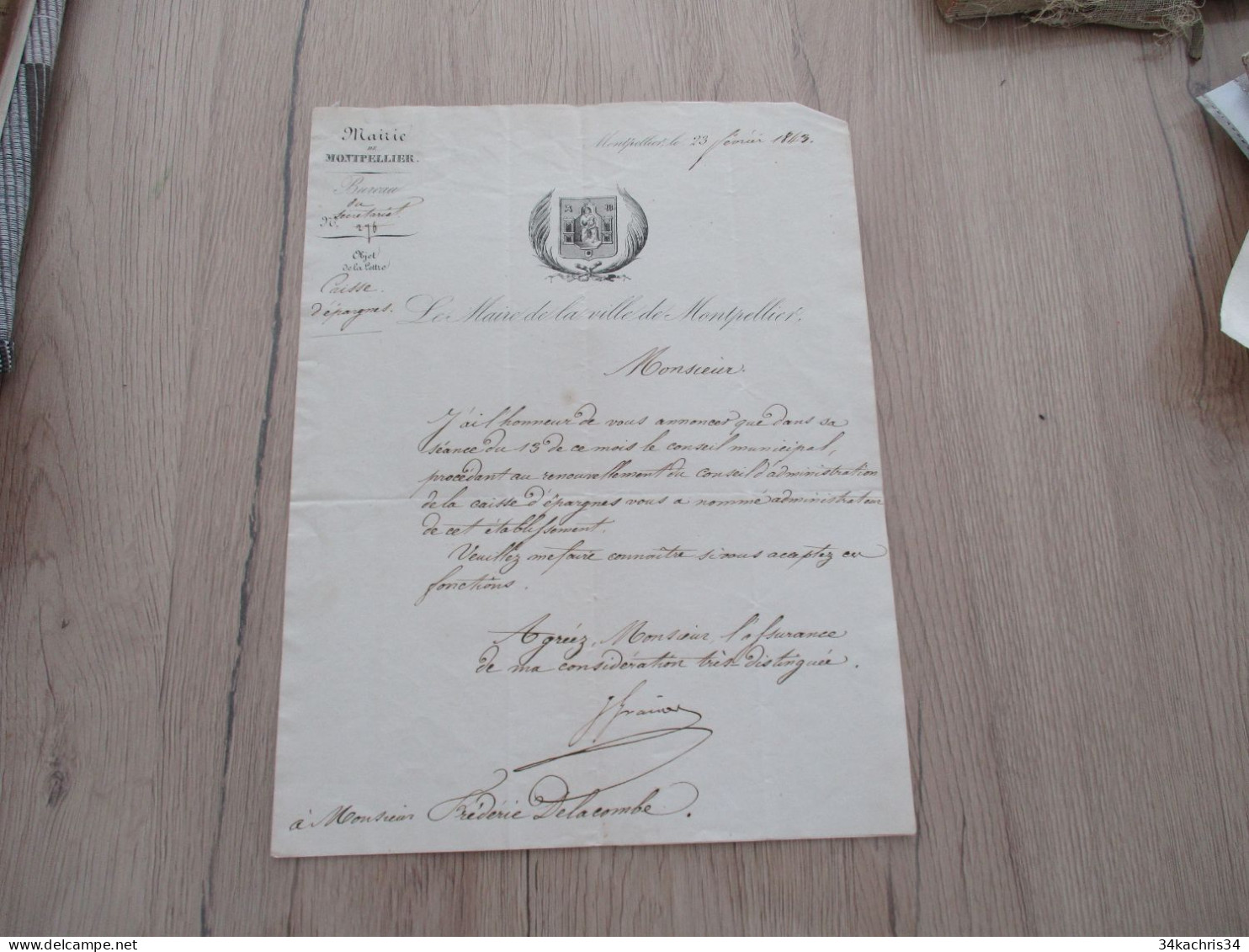 Montpellier 23/02/1843 LAS Autographe Signée Granier Nomination Delacombe Conseil D'administration Caisse D'Epargne - Político Y Militar