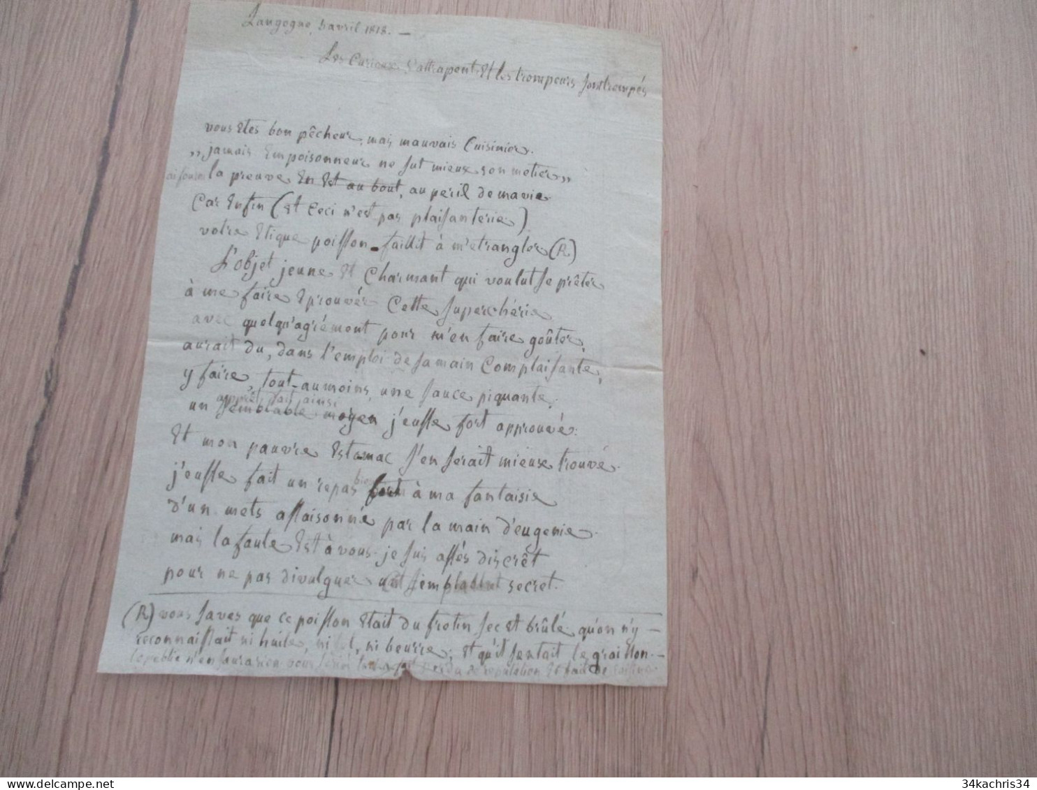 Poème Original Langogne Lozère 1818 "vous êtes Bon Pêcheur Mais Mauvais Cuisinier" Gastronomie Cuisine - Manuscripten