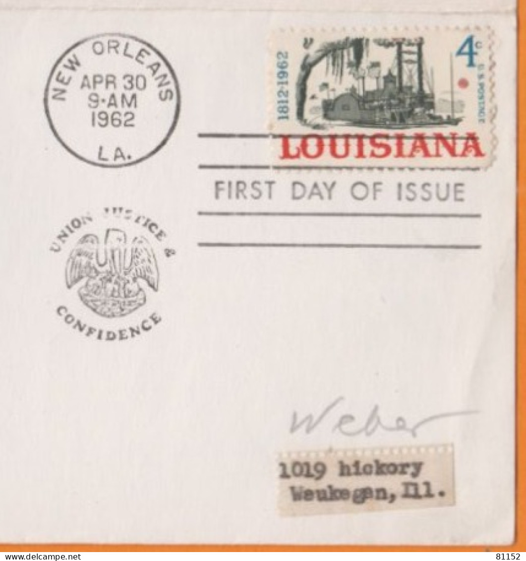 1812-1962  LOUISIANA  4c  " FIRST DAY OF ISSUE " Avec Cachet NEW ORLEANS  Le 30 Apr 1962  Sur Page De Classeur - 1961-1970