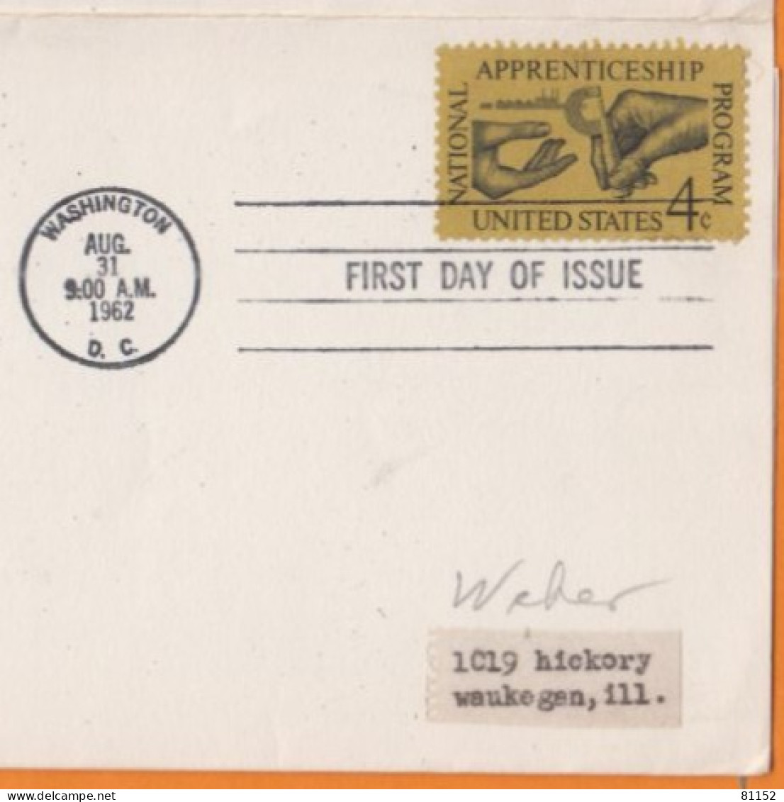 APPRENTICESHIP PRO NAT 4c 1912-1962  " FIRST DAY OF ISSUE " Avec Cachet WASHINGTON  Le 31 Aug 1962 Sur Page De Classeur - 1961-1970