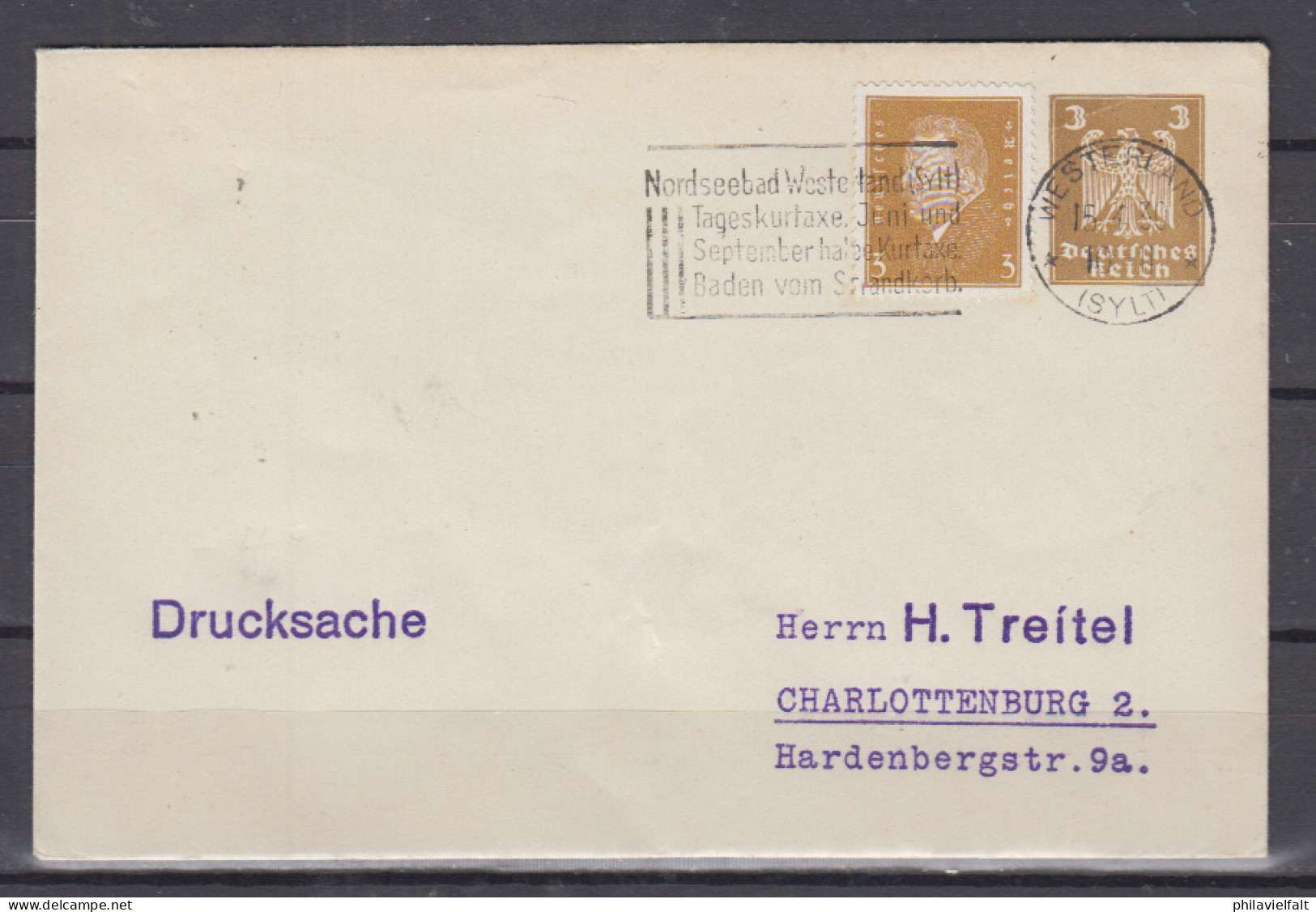Dt.Reich Werbe-o Westerland(Sylt)1930 Nordseebad ... " Auf Privatumschlag H.Treitel  MiNo. PU 99 ZuF - Briefe