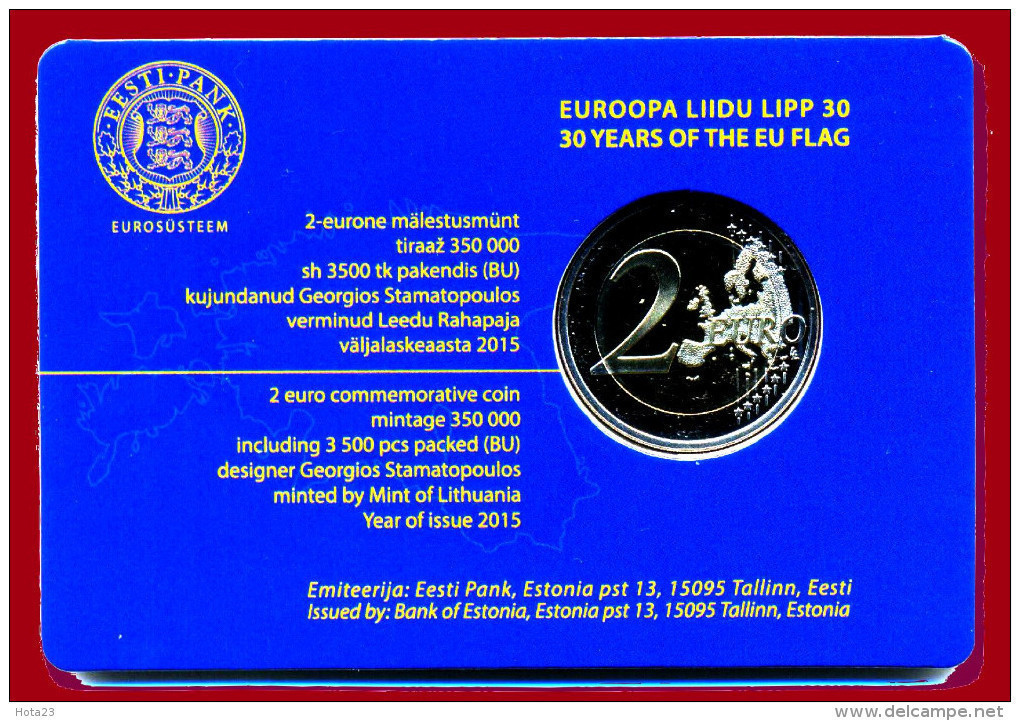 (!) 2 Euro Estland Estonia 2015 , 30 Jahre EU-Flagge, BU  COIN CARD  Today In Stock - Estland