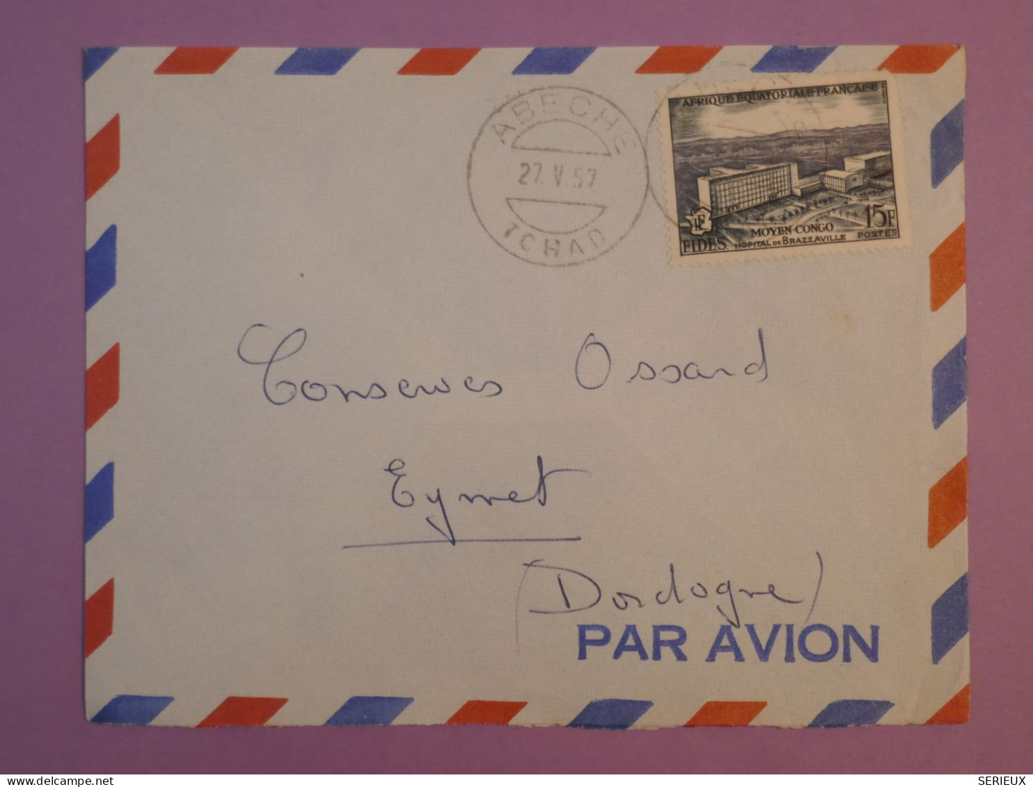 DD4 AEF TCHAD  BELLE LETTRE RR 1956  PETIT BUREAU  ABECHE  A  EYMET  FRANCE  +AFF.   PLAISANT+++ - Lettres & Documents