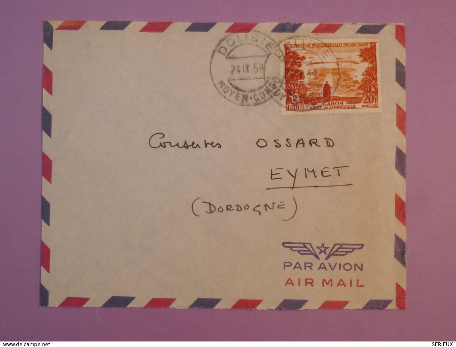 DD4 AEF MOYEN CONGO  BELLE LETTRE 1958  PETIT BUREAU DOLISIE   A  EYMET  FRANCE  +AFF.   PLAISANT+++ - Covers & Documents