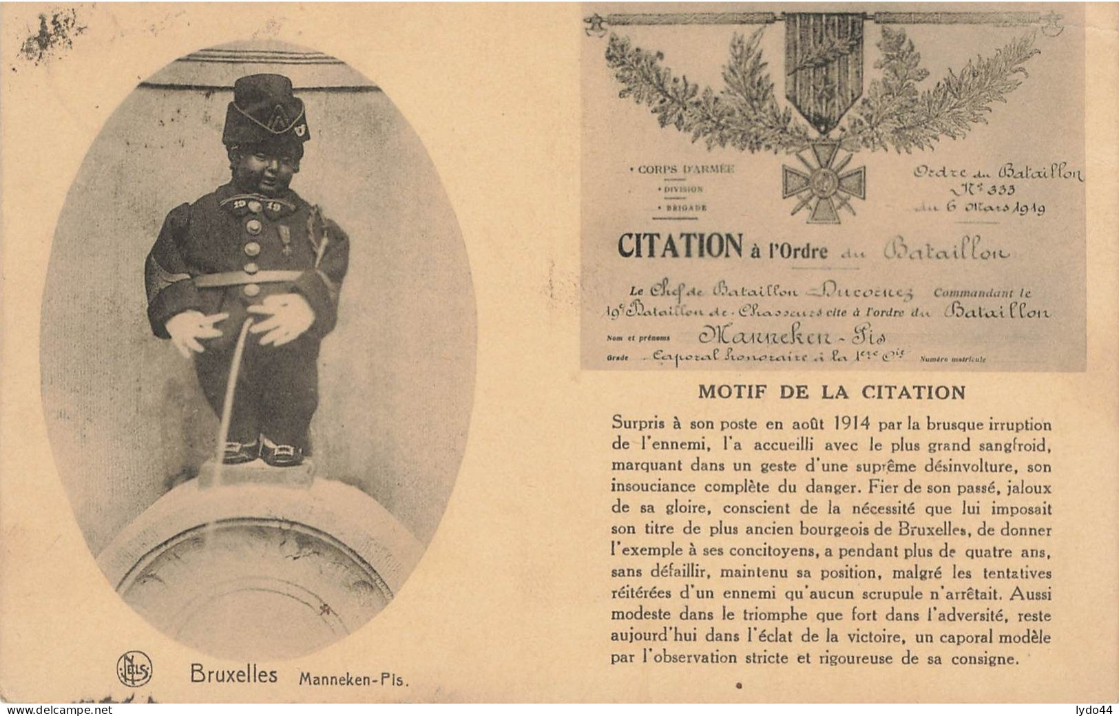 BRUXELLES ,  Manneken Pis , Citation à L'Ordre Du Bataillon , Caporal Honoraire - Personaggi Famosi
